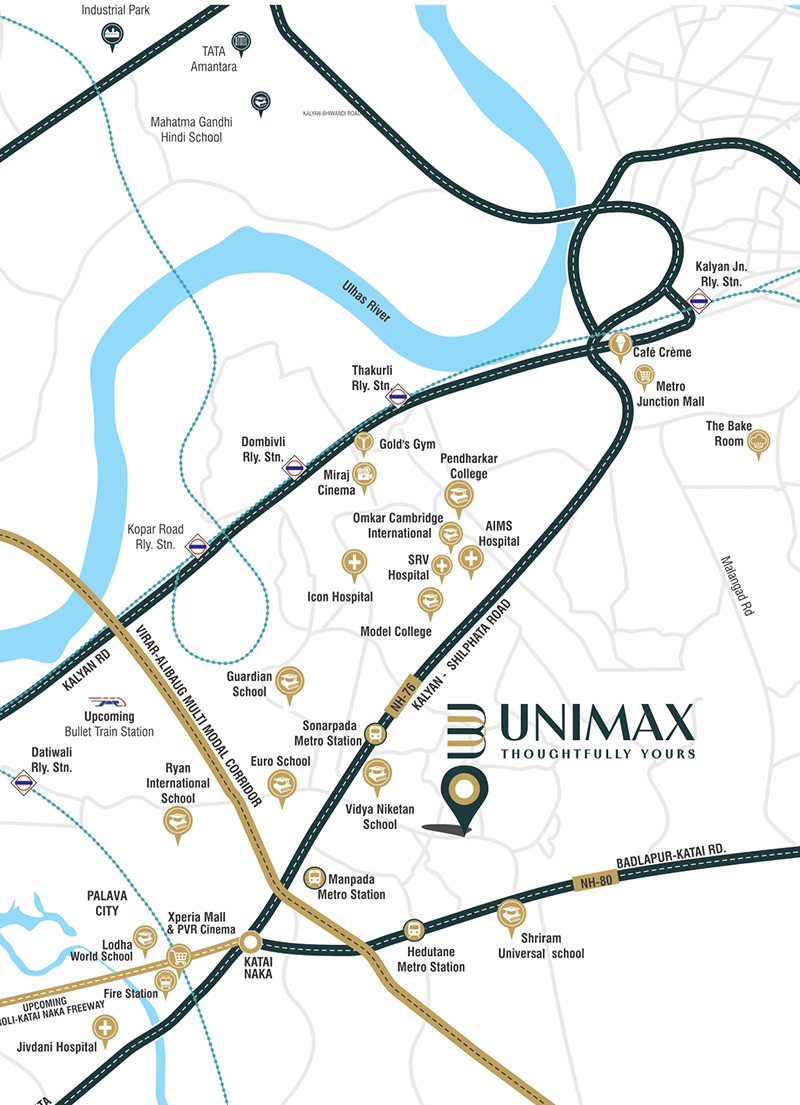Strategic location map of UNIMAX WORLD DOMBIVLI in Dombivli East